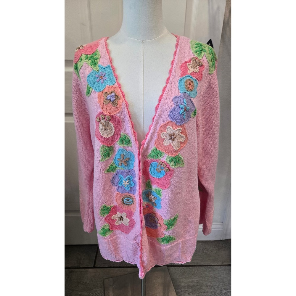 PBJ Sport Vintage Pink Floral Crochet Knit Cardigan Sweater Scalloped Trim